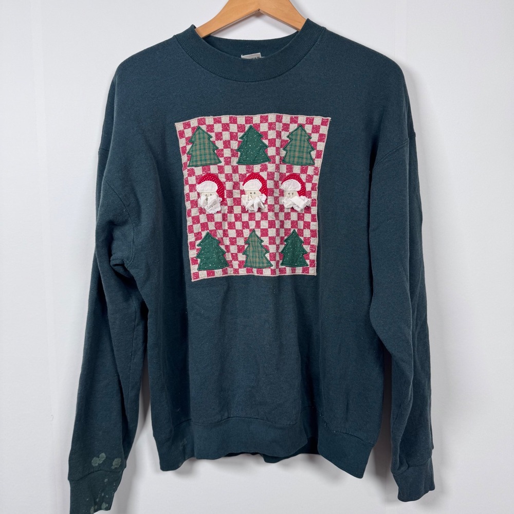 90s Ugly Sweater Sweatshirt Men XL Green Christmas Santa 3D Tree Kitsch Festive